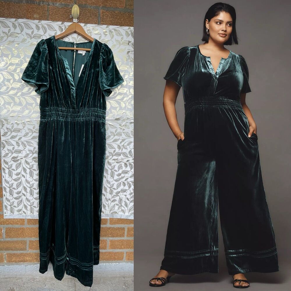 By Anthropologie Dark Green Velvet Jumpsuit Size L Whimsigoth Quiet Luxury